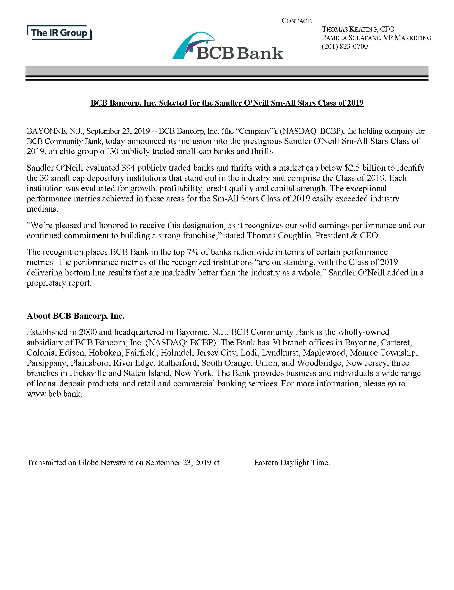 BCB Bank Sandler O'Neill All Star Award